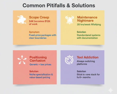 Four common failure modes in automation businesses: scope creep, maintenance nightmares, positioning confusion, and tool addiction with prevention strategies