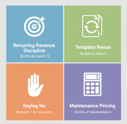 Four critical success factors for automation businesses: recurring revenue discipline, template reuse, client selection, and proper maintenance pricing