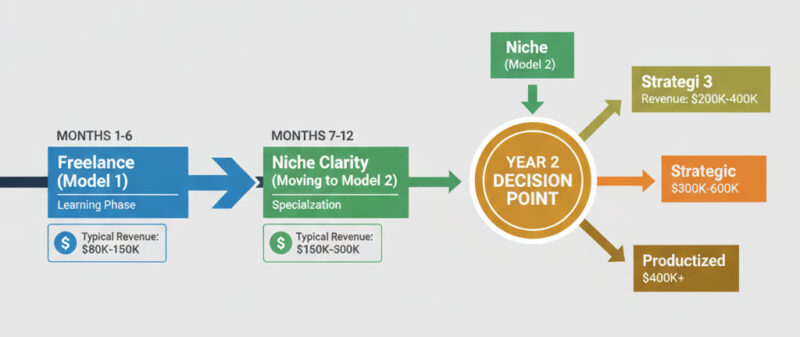 Timeline showing automation business evolution from freelance implementation in months 1-6 to niche specialization by year 2 with three scaling options
