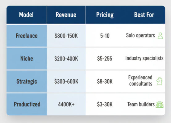 Comparison table of four automation-as-a-service business models showing revenue potential, client count, pricing ranges, and ideal practitioner type