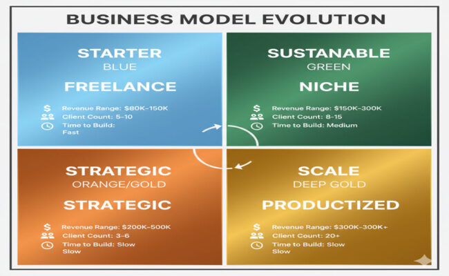 Four automation-as-a-service business models comparison showing freelance implementation, niche-specific practice, strategic consulting, and productized services with revenue ranges