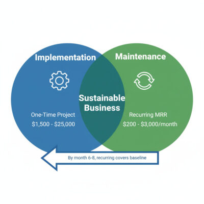 Automation-as-a-service revenue model showing two income sources: one-time implementation fees and recurring monthly maintenance retainers
