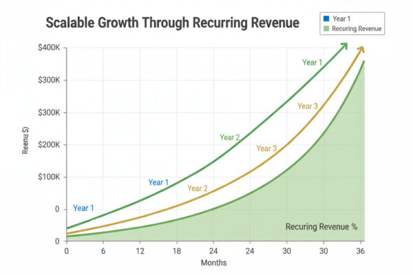 Revenue growth chart showing automation business progression from $60-120K in year 1 to $200-400K by year 3 with increasing recurring revenue percentage