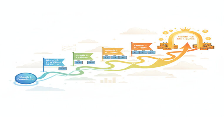 12-month roadmap showing progression from learning automation tools to building six-figure AI automation consulting business with milestone markers