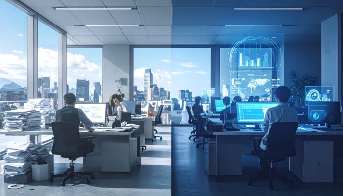Split-screen visual comparing a traditional busy office with paper and employees versus a streamlined AI-driven workspace with holographic dashboards and AI workflow automation.