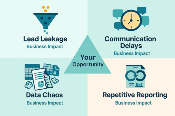 Four high-value problems automation solves: lead leakage, communication delays, data chaos, and repetitive reporting