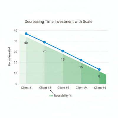 Graph showing automation workflow leverage curve where client 1 takes 40 hours, client 4 takes only 8 hours due to reusable systems