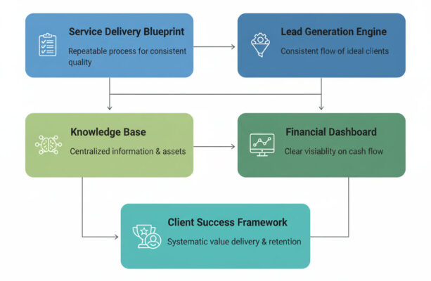 Five interconnected business systems framework showing service delivery, lead generation, knowledge base, financial tracking, and client success processes