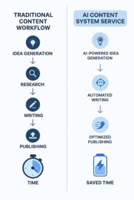 Side-by-side image of traditional content workflow vs. AI Content System service workflow highlighting time savings and efficiency.