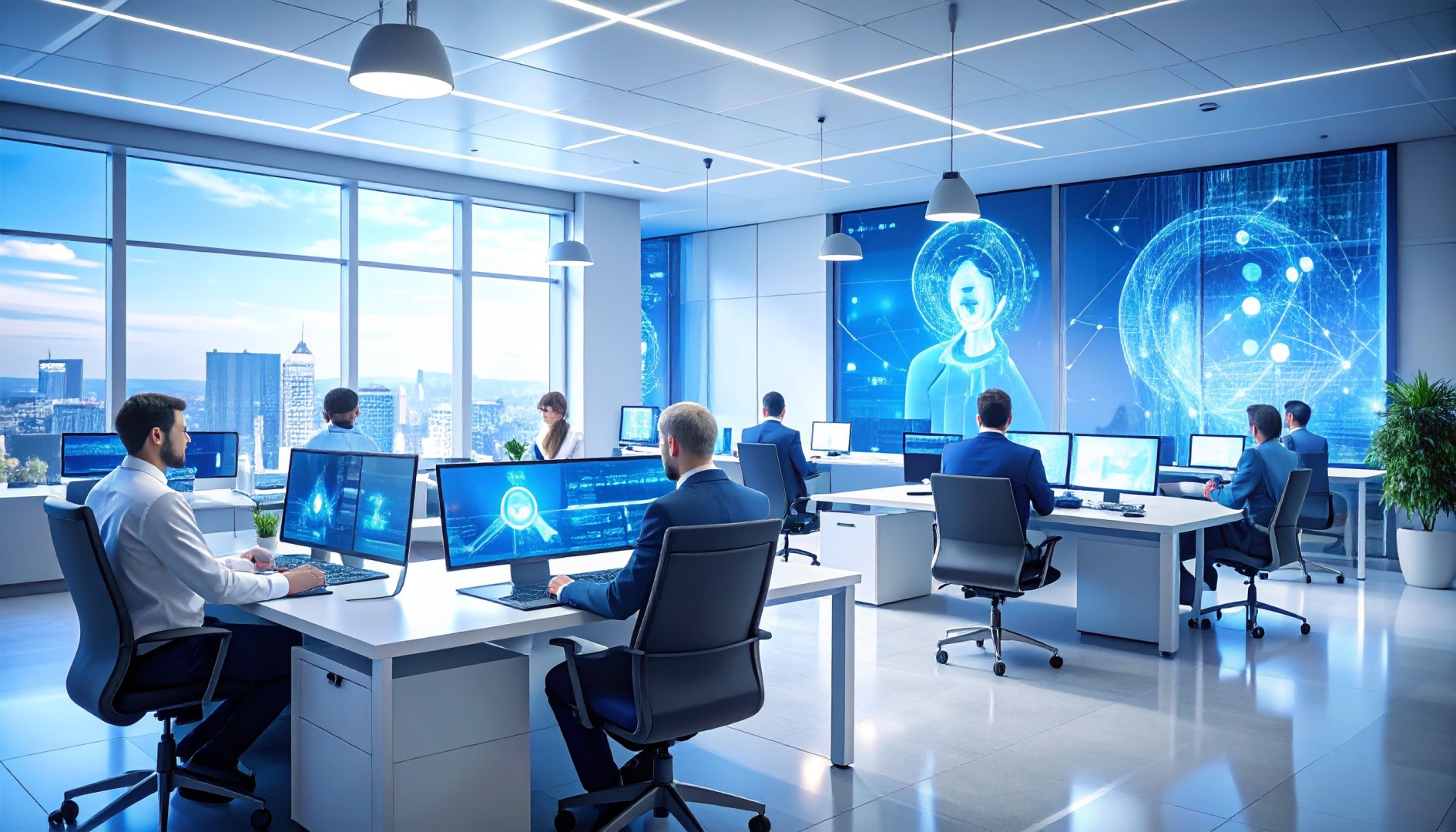 Modern office with AI holograms assisting human employees, illustrating collaboration between humans and AI workers in a futuristic, efficient workspace.