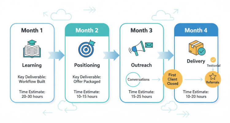 Four-month timeline flowchart showing steps from learning automation tools to landing and delivering first paying client
