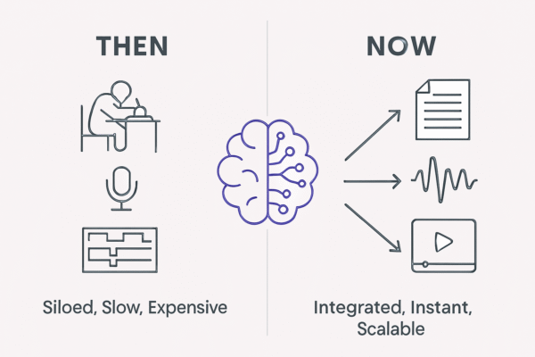 Infographic comparing slow, siloed traditional content creation to fast, integrated AI-powered content production.