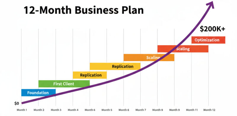 12-month Gantt chart showing five implementation phases from foundation through optimization with revenue growth curve overlay