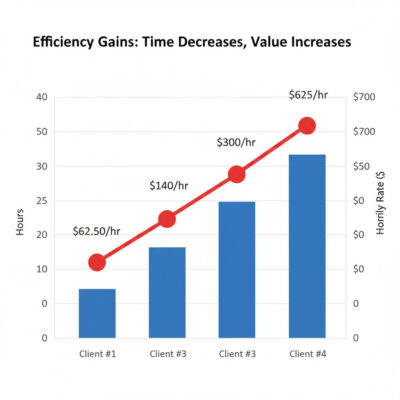 Graph showing automation consulting leverage curve where hourly rate increases from $62 to $625 as time per client decreases from 40 to 8 hours