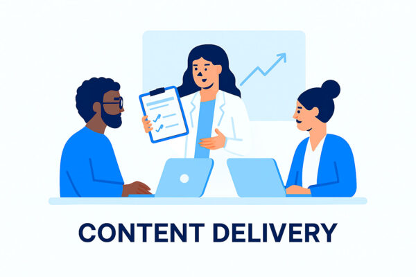 Illustration of a client collaborating with service team for content delivery