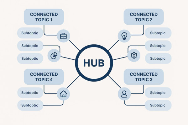 Diagram showing hub-and-spoke structure with labeled topics and subtopics