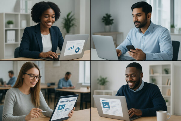 Collage of business personas and creators using a managed content service