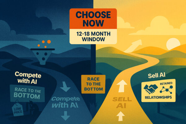 Two career paths showing competing with AI leads to price competition while selling AI infrastructure leads to retained high-value relationships