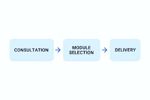Flow diagram illustrating consultation → module selection → content production → delivery