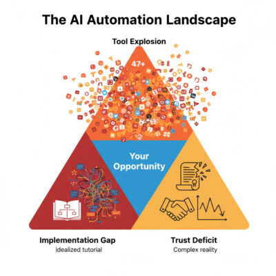 Three market forces creating AI automation consulting opportunity: tool explosion, implementation gap, and trust deficit