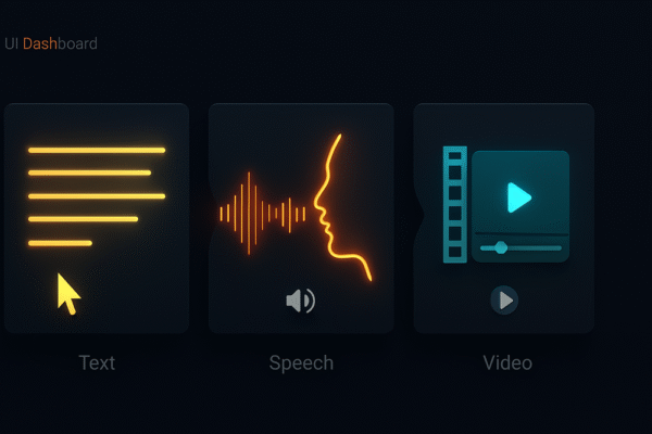 Dashboard visualization of generative AI creating text, voice, and video content simultaneously in 2025.
