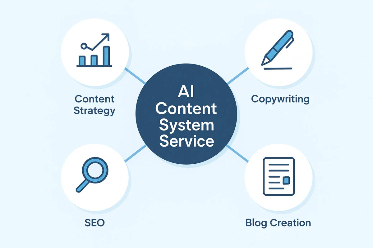 Infographic showing a central hub labeled AI Content System Service with spokes connecting to content strategy, copywriting, SEO, and blog creation.