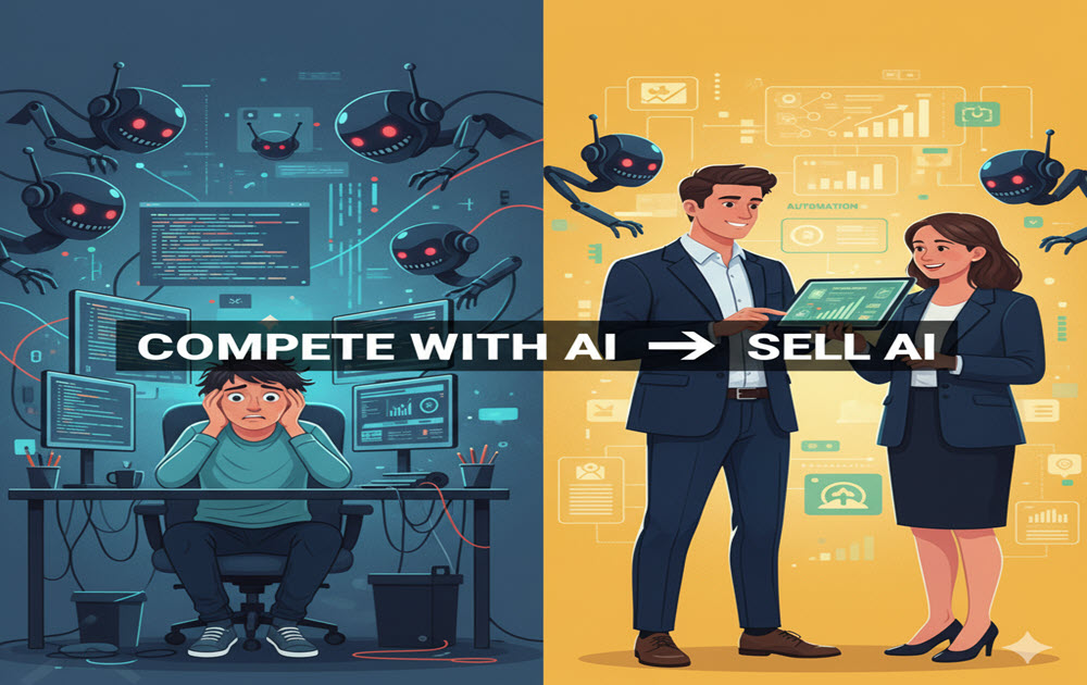 Comparison showing freelancer competing against AI versus successfully selling automation services to business clients
