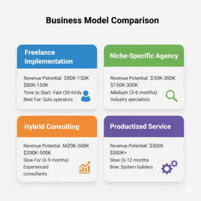 Comparison matrix of four AI automation business models showing revenue potential, startup timeline, and ideal practitioner type