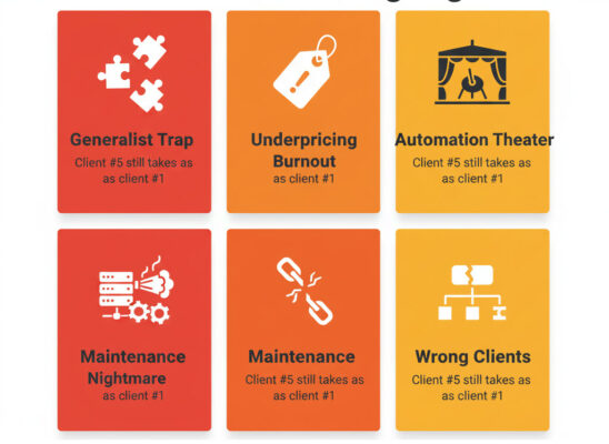 Five common failure modes that kill automation businesses including generalist trap, underpricing, automation theater, maintenance issues, and wrong client selection