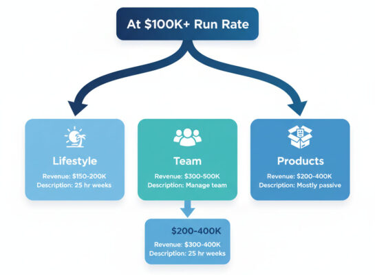 Decision tree showing three paths after reaching six figures: lifestyle optimization, team building for scale, or pivot to productized offerings