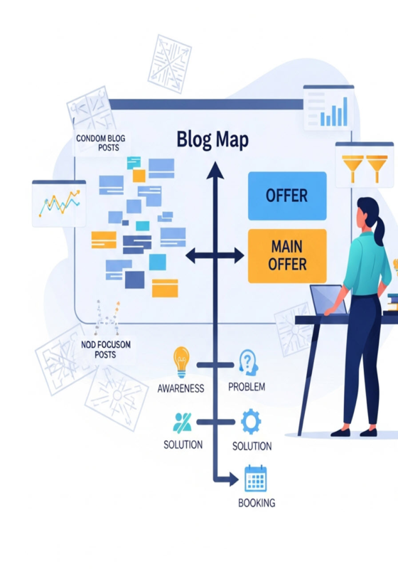 Illustration of a service business owner at a desk reviewing a large screen that shows blog posts flowing in a straight line into mini and main offer blocks, symbolizing a focused, conversion-driven blog strategy.