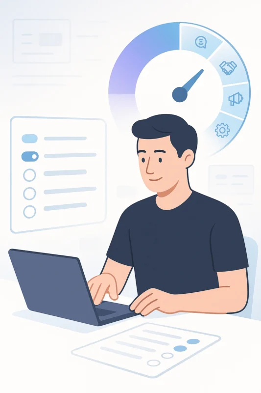 Illustration of a calm business owner using a laptop to complete a short systems checklist, with a large circular gauge behind them showing a partially filled systems score and icons for leads, onboarding, delivery, content, and operations.