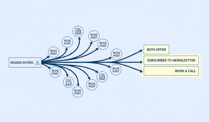 Flowchart showing blog posts connected in sequence, each leading readers toward a specific offer