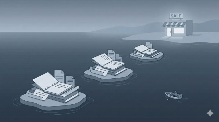 Illustration of blog posts as disconnected islands with no path leading to a destination representing sales