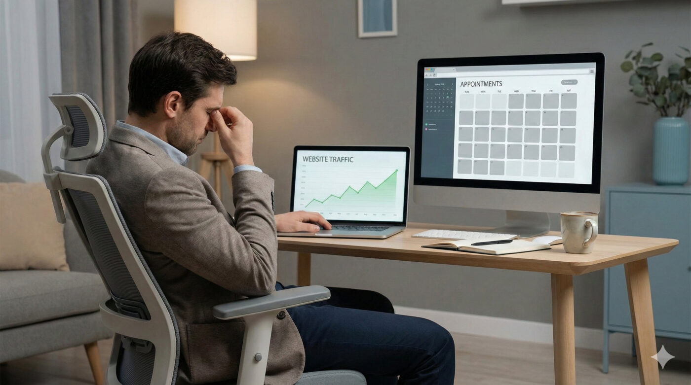 Business owner looking at laptop showing website traffic graphs while a calendar on another screen shows no booked appointments